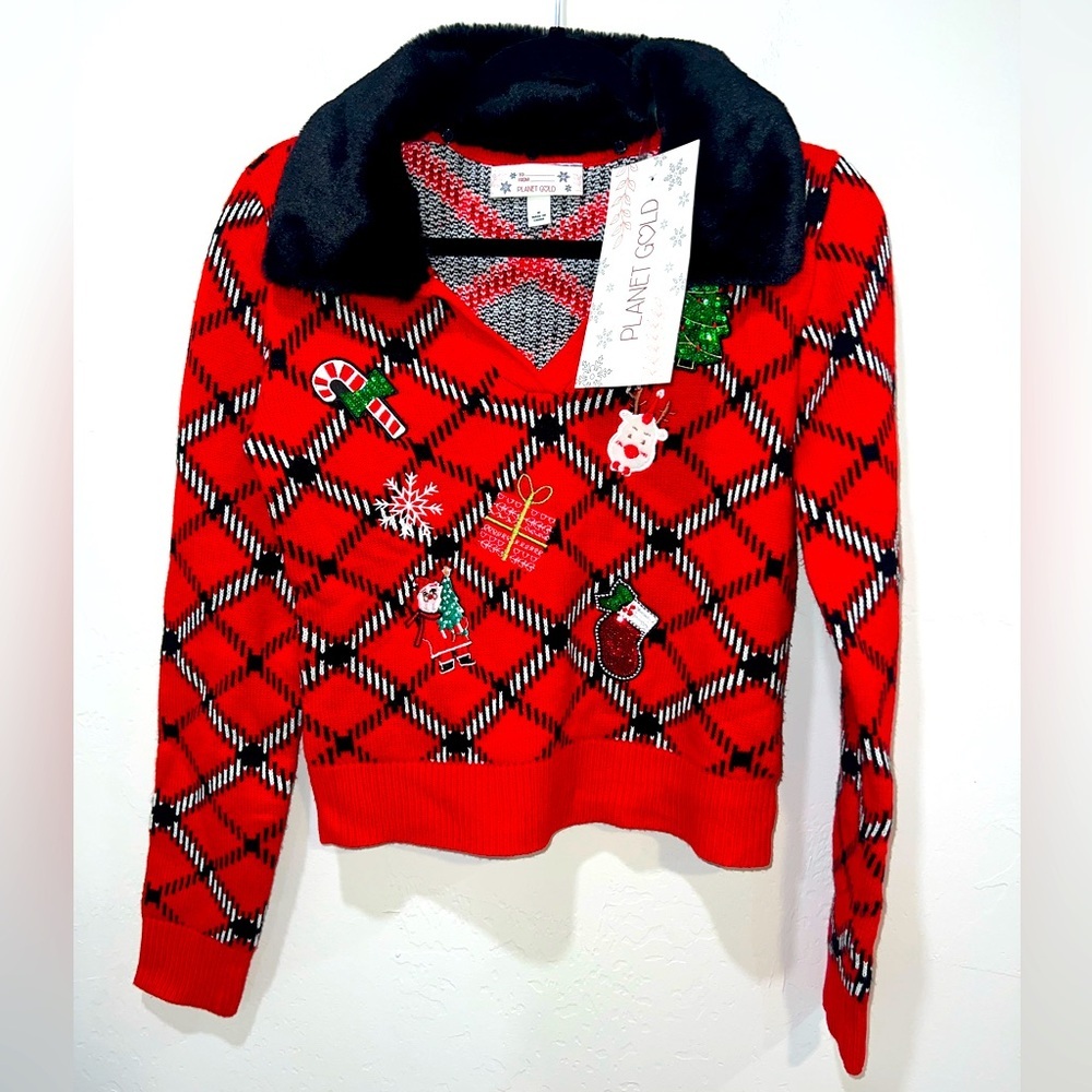 NWT Planet Gold Christmas Sweater Removable Faux Fur Collar Santa Size Medium